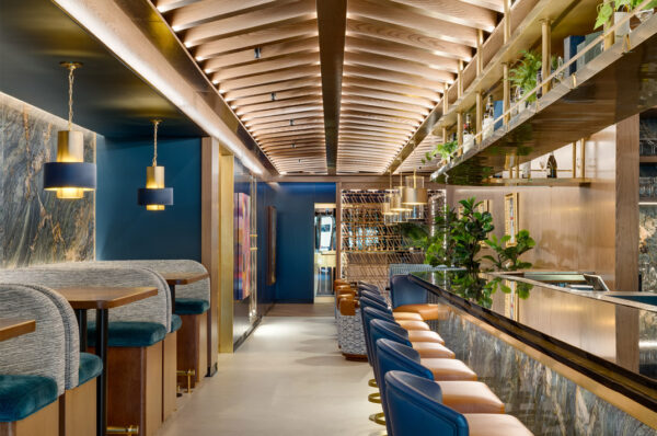 Zeru Miami restaurant bar and dining area featuring custom banquettes and barstools manufactured by A Squared Design Studio.