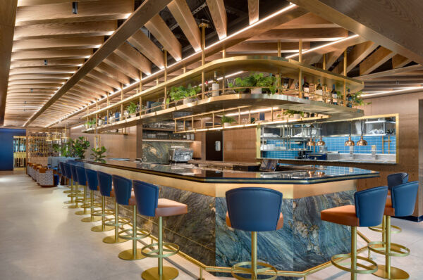 Zeru Miami restaurant bar and dining area featuring custom banquettes and barstools manufactured by A Squared Design Studio.