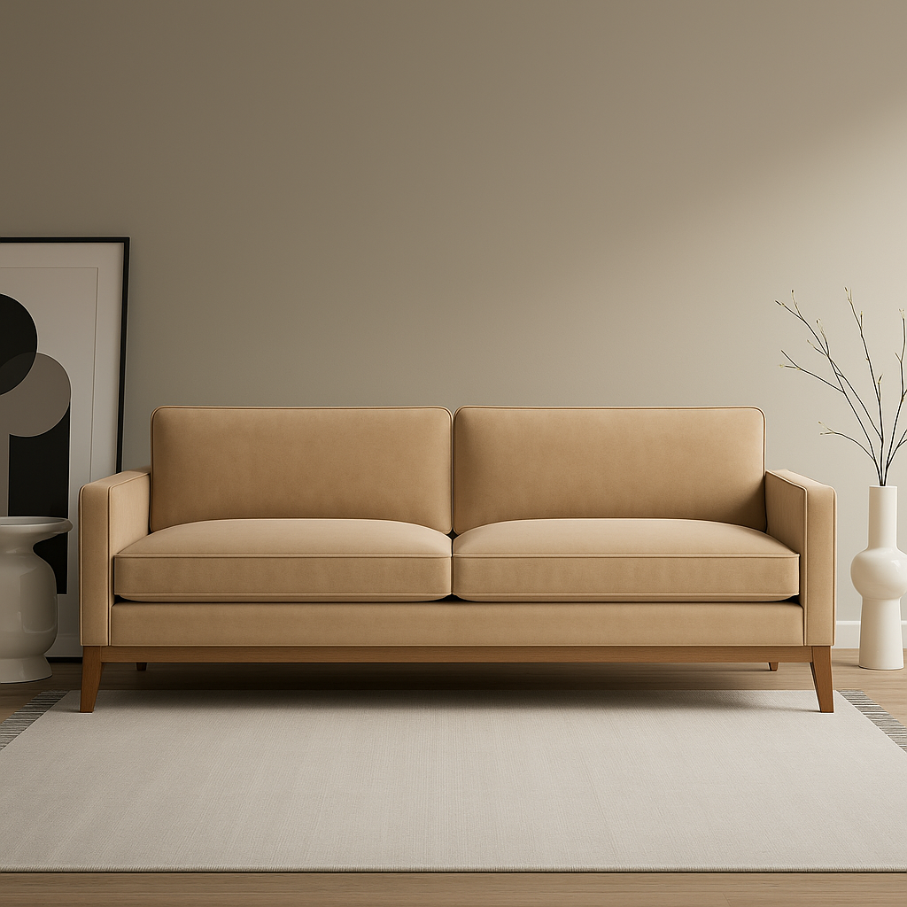 Brac Sofa angled front view in taupe velvet with exposed wood base by A Squared Design Studio 